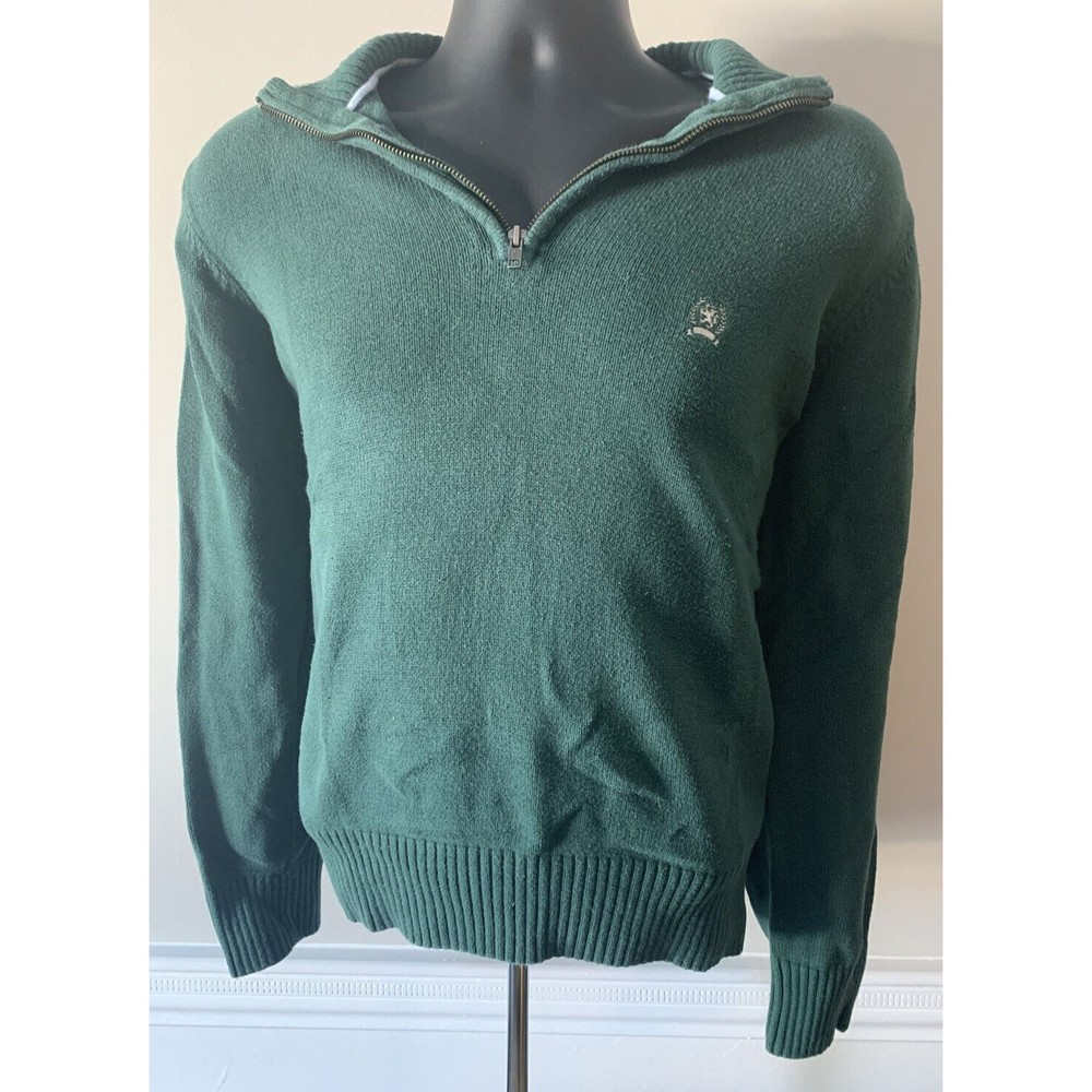 Men's Medium Crest Tommy Hilfiger Green Long Sleeve Quarter Zip Pullover Sweater